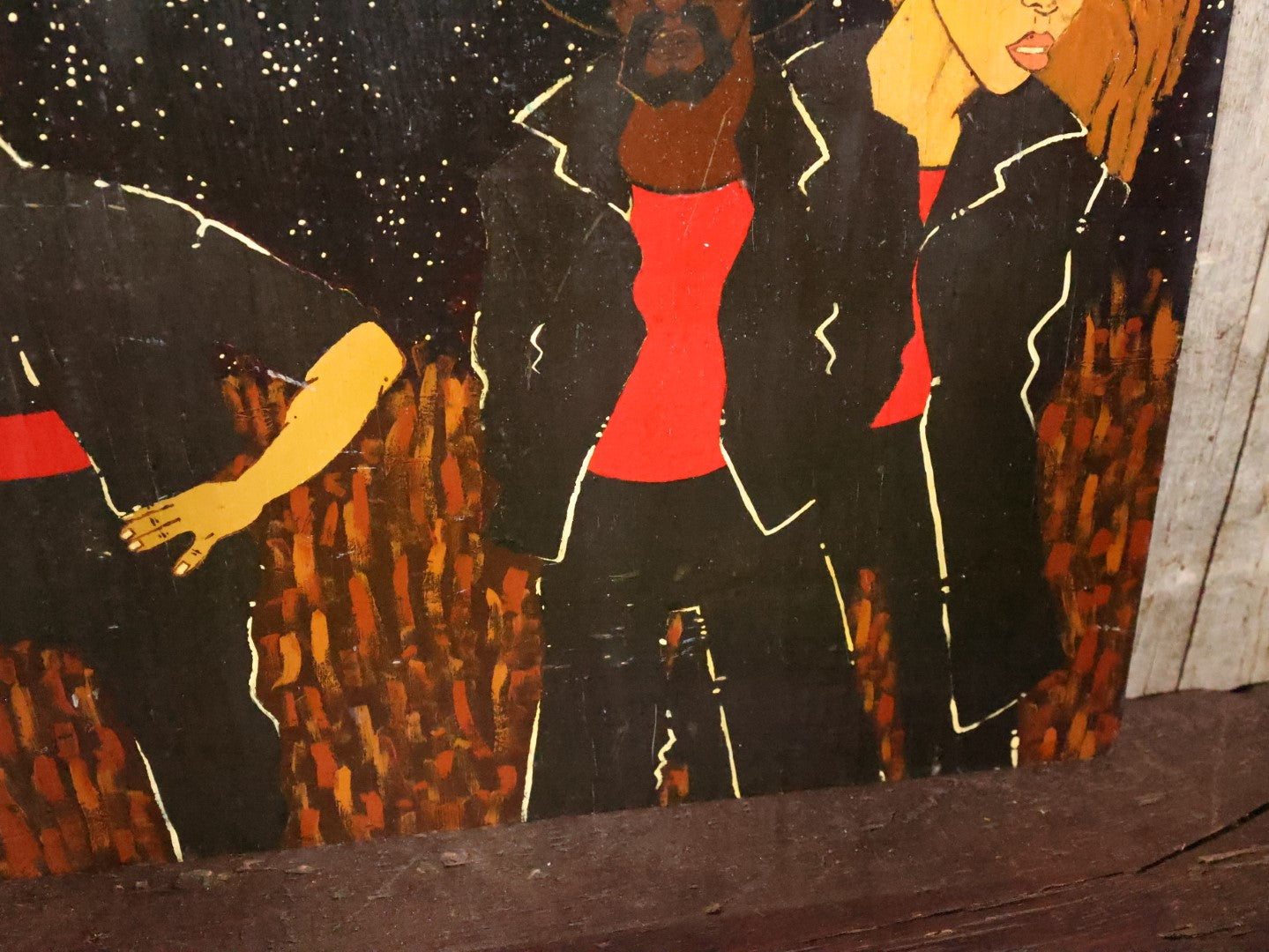 Vintage Afro-Futurist Painting On Wood Panel Of Black Men And Women With Futuristic, Space Theme