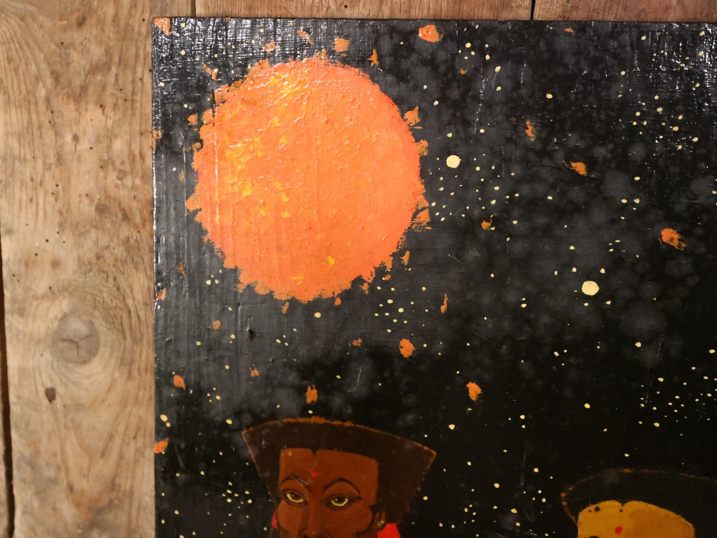 Vintage Afro-Futurist Painting On Wood Panel Of Black Men And Women With Futuristic, Space Theme