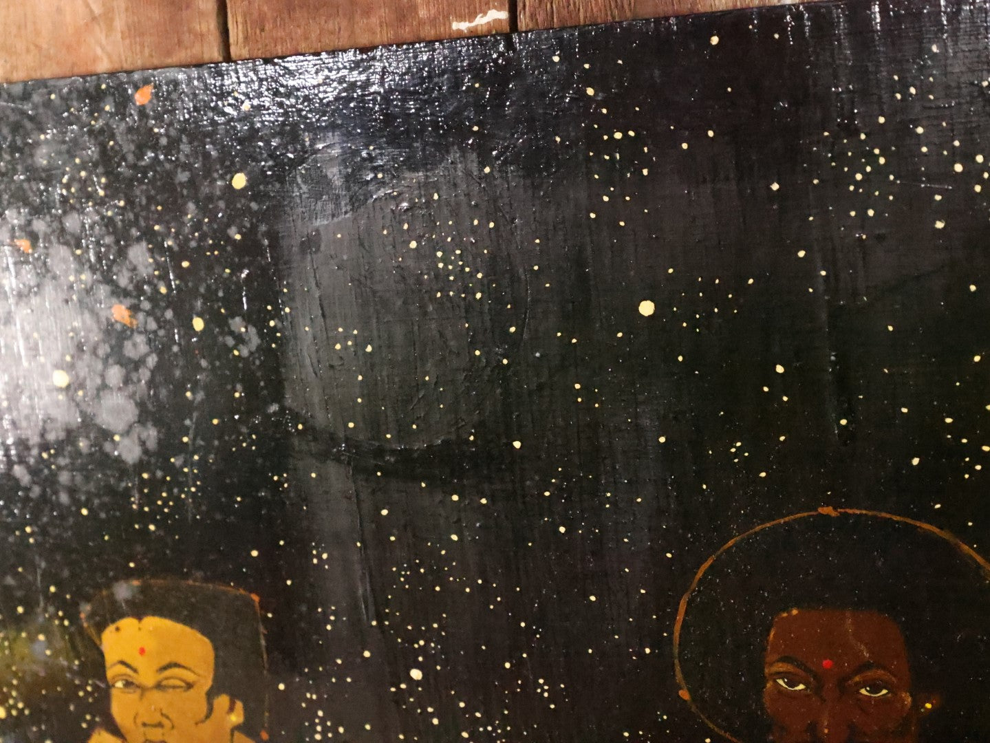 Vintage Afro-Futurist Painting On Wood Panel Of Black Men And Women With Futuristic, Space Theme