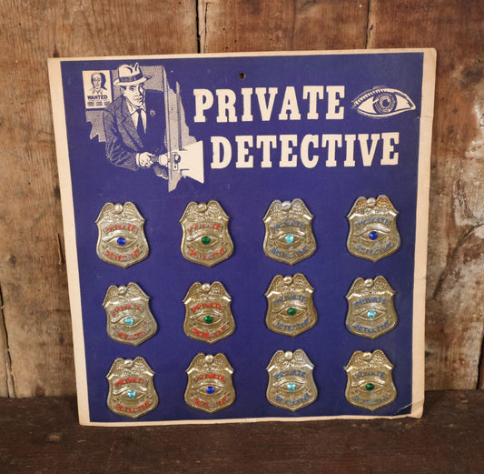 Vintage Private Detective Toy Store Display With 12 Children'S Detective Badges, Cardstock And Metal