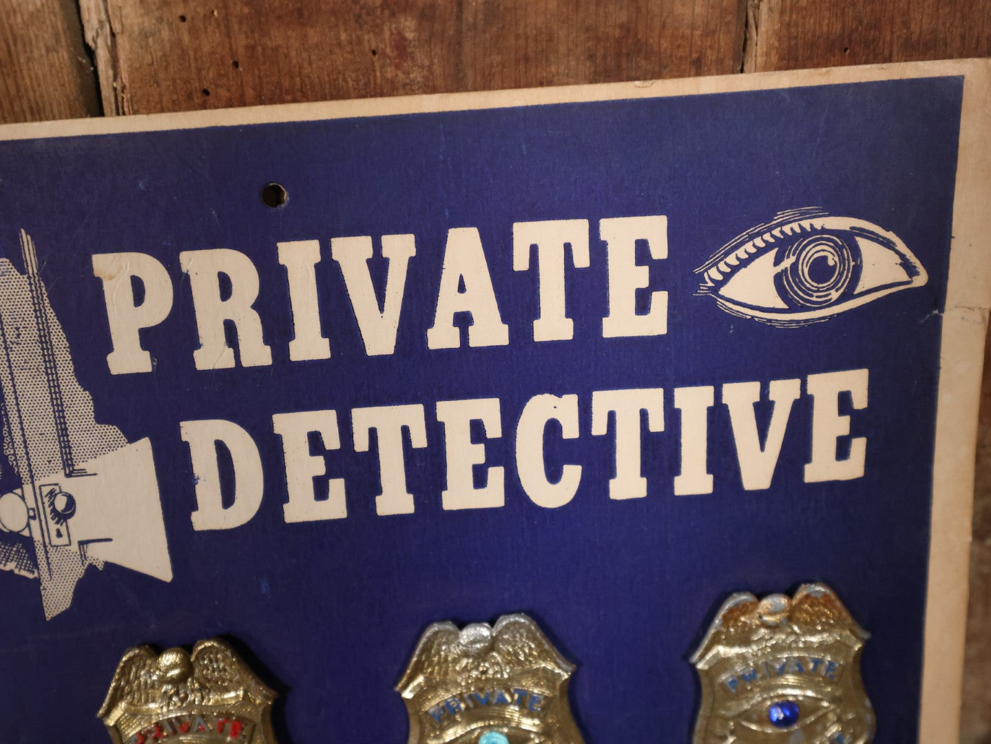 Vintage Private Detective Toy Store Display With 12 Children'S Detective Badges, Cardstock And Metal