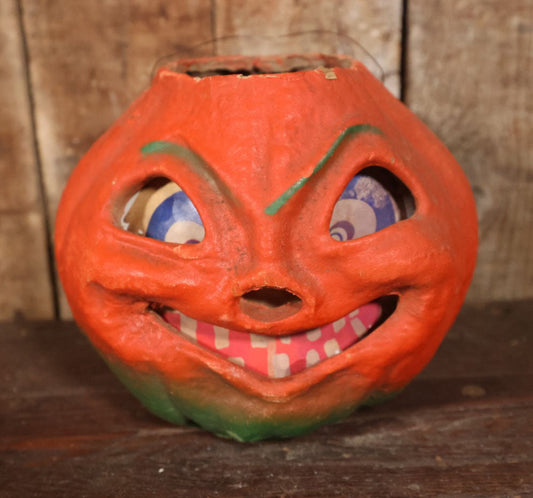 Vintage Paper Pulp / Papier Mache Halloween Jack-O-Lantern Pumpkin Candy Bucket With Big Grin, Re-Printed Face