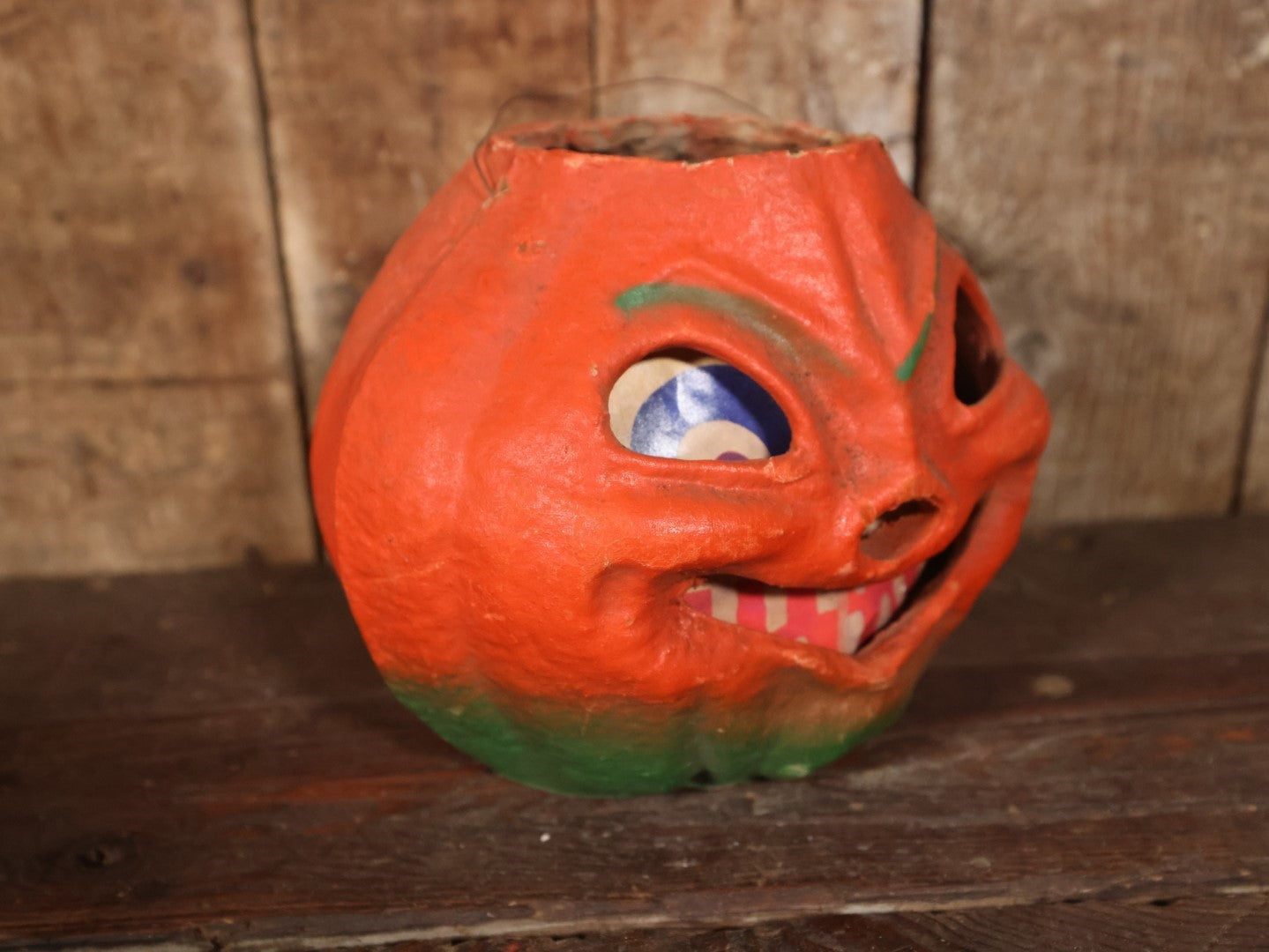 Vintage Paper Pulp / Papier Mache Halloween Jack-O-Lantern Pumpkin Candy Bucket With Big Grin, Re-Printed Face