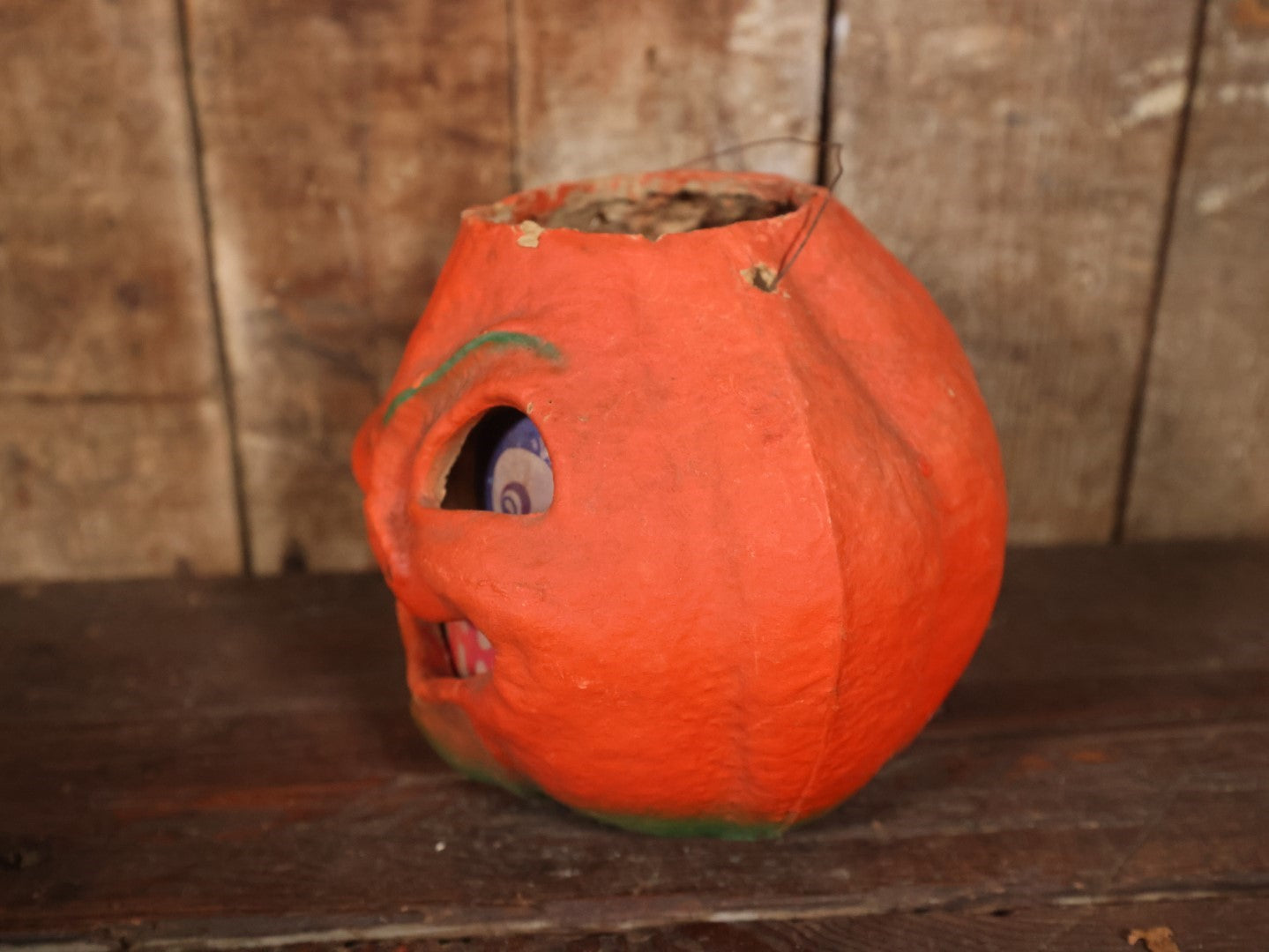 Vintage Paper Pulp / Papier Mache Halloween Jack-O-Lantern Pumpkin Candy Bucket With Big Grin, Re-Printed Face