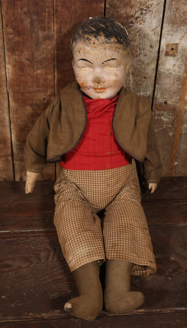 Vintage Large Size Composition Little Boy Doll With Clothes, Crackly Wear, Creepy Doll, With Hole In Head