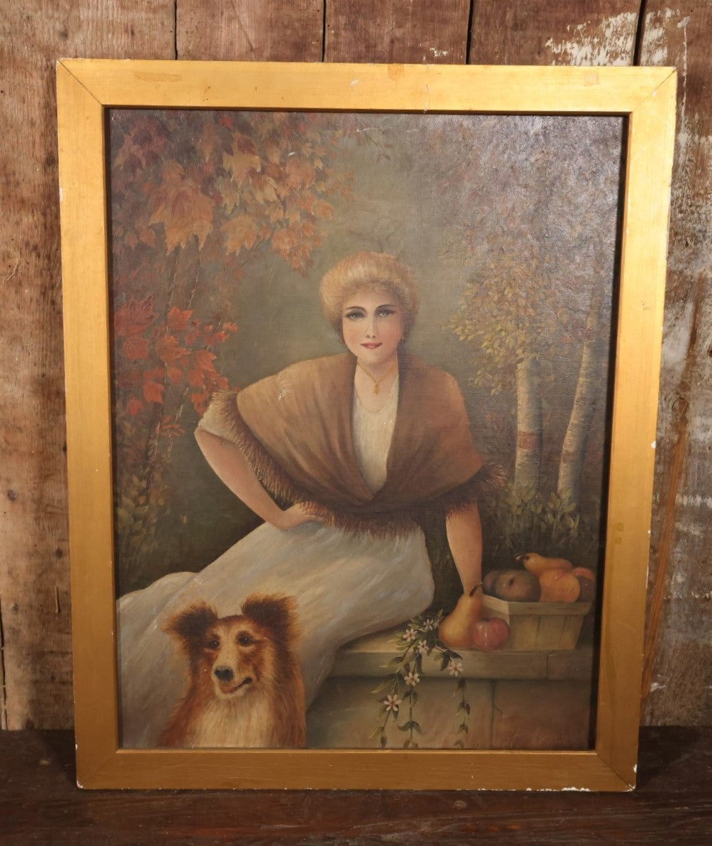 Antique Oil On Canvas Painting Of A Woman In A Shawl With Her Dog And A Basket Of Fruit With Trees In The Background, In Frame