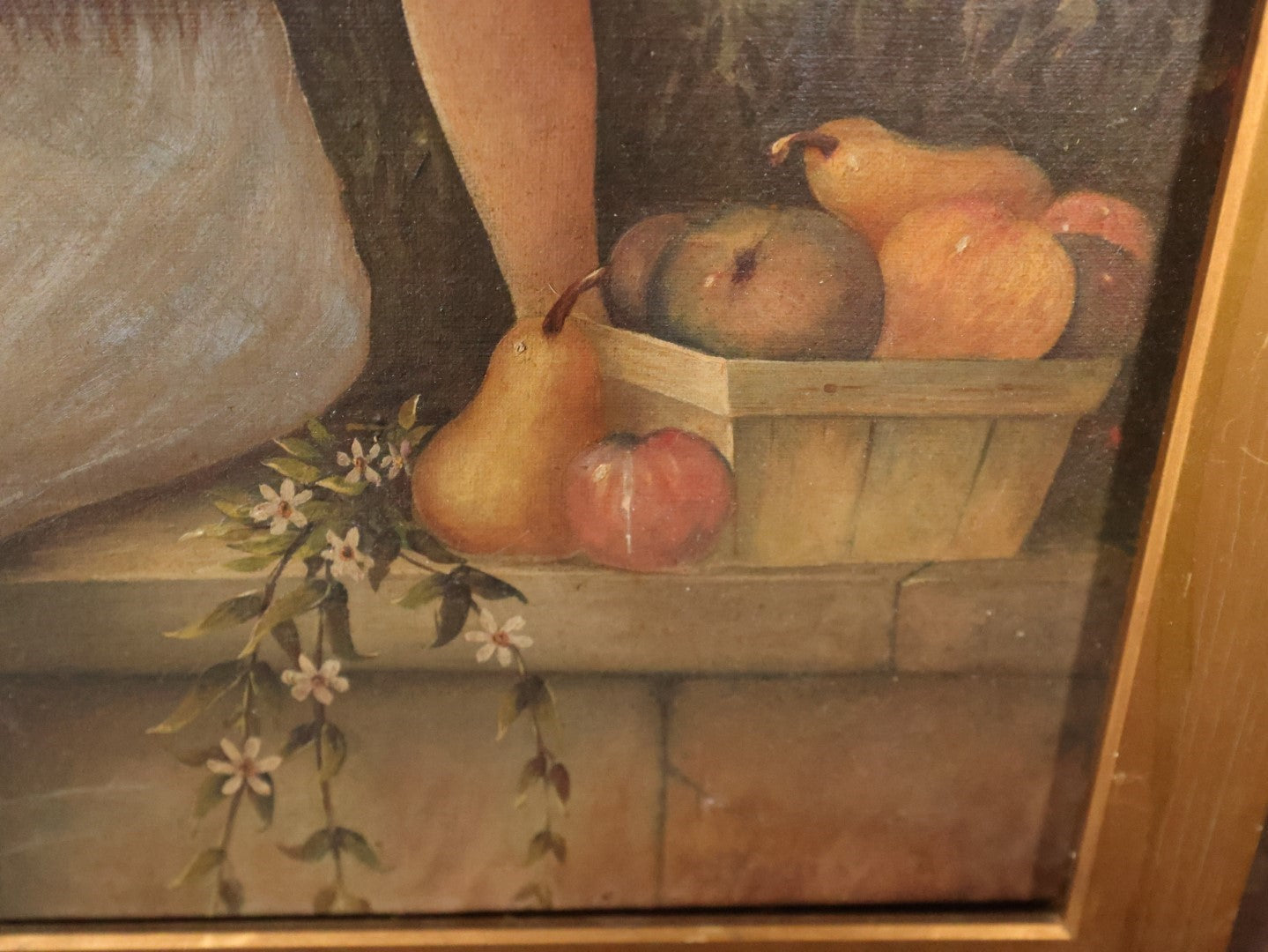 Antique Oil On Canvas Painting Of A Woman In A Shawl With Her Dog And A Basket Of Fruit With Trees In The Background, In Frame