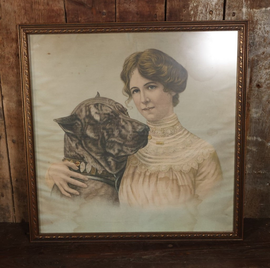 Antique Framed Cloth Handkerchief Of A Victorian Woman In A White Lace Shirt With Her Dog, Note Water And Moisture Stains Throughout, Vintage Frame