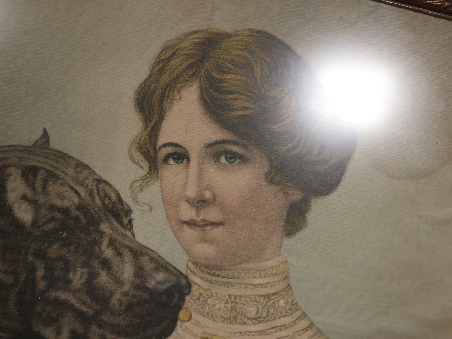 Antique Framed Cloth Handkerchief Of A Victorian Woman In A White Lace Shirt With Her Dog, Note Water And Moisture Stains Throughout, Vintage Frame