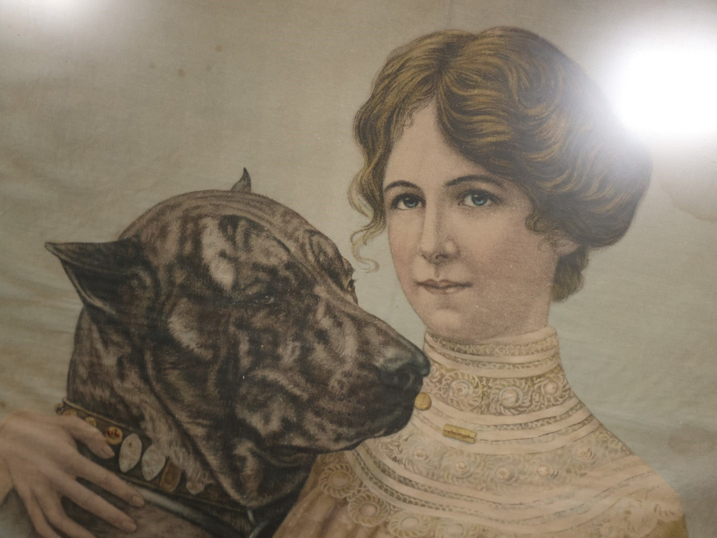 Antique Framed Cloth Handkerchief Of A Victorian Woman In A White Lace Shirt With Her Dog, Note Water And Moisture Stains Throughout, Vintage Frame