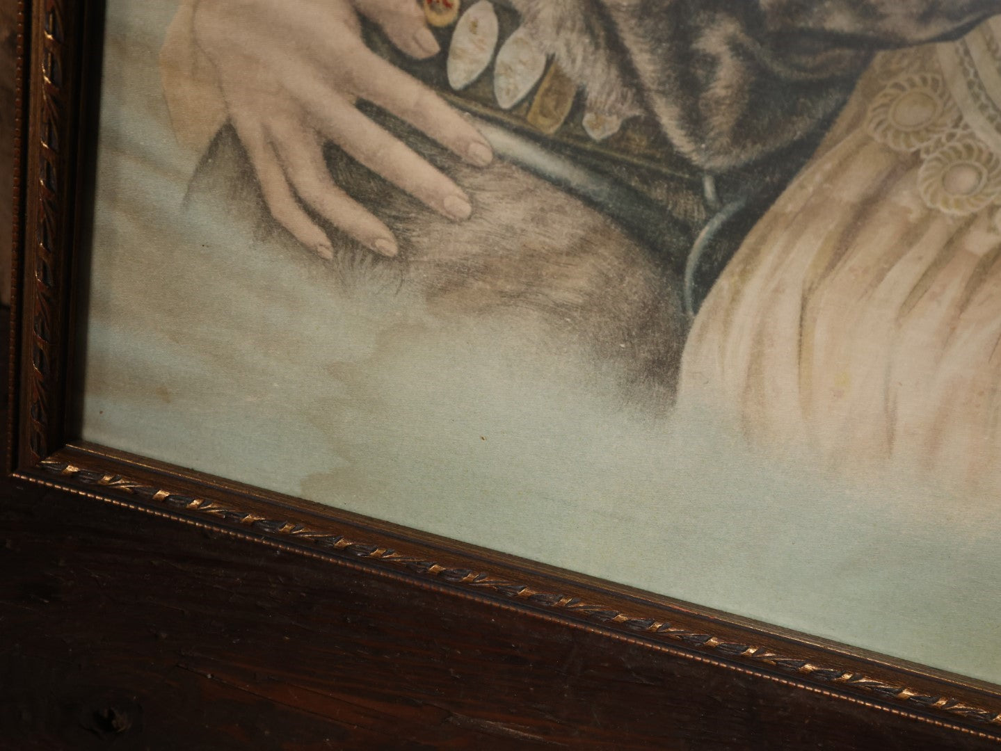 Antique Framed Cloth Handkerchief Of A Victorian Woman In A White Lace Shirt With Her Dog, Note Water And Moisture Stains Throughout, Vintage Frame