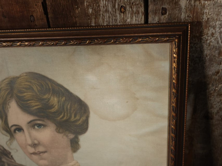 Antique Framed Cloth Handkerchief Of A Victorian Woman In A White Lace Shirt With Her Dog, Note Water And Moisture Stains Throughout, Vintage Frame