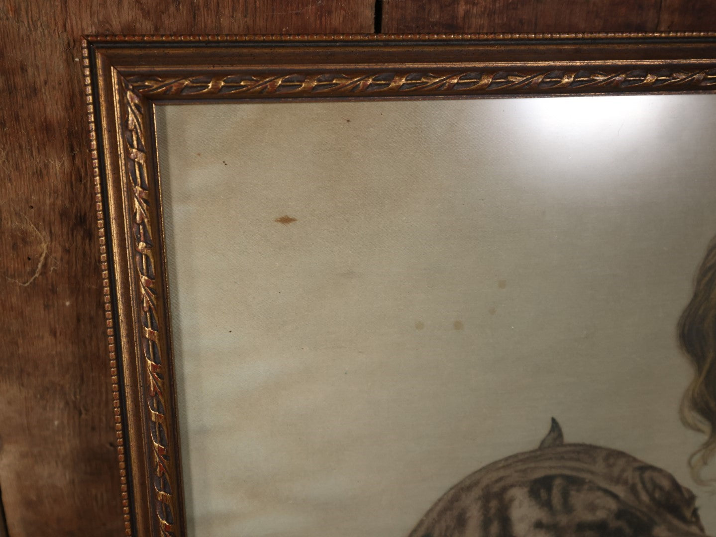 Antique Framed Cloth Handkerchief Of A Victorian Woman In A White Lace Shirt With Her Dog, Note Water And Moisture Stains Throughout, Vintage Frame