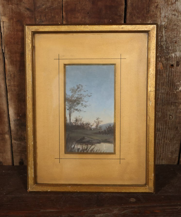 Antique Painting Of A Riverside With A Tree, Blue Skies, Matted And Framed Behind Glass