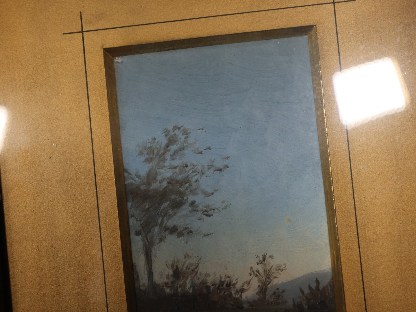 Antique Painting Of A Riverside With A Tree, Blue Skies, Matted And Framed Behind Glass