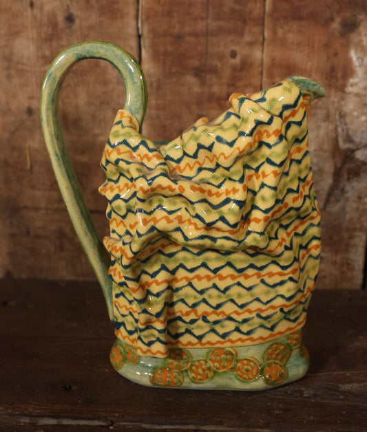 Vintage Unique Pottery Pitcher With Cloth-Like Design, Yellow And Green Coloring, Artist Signed On Bottom