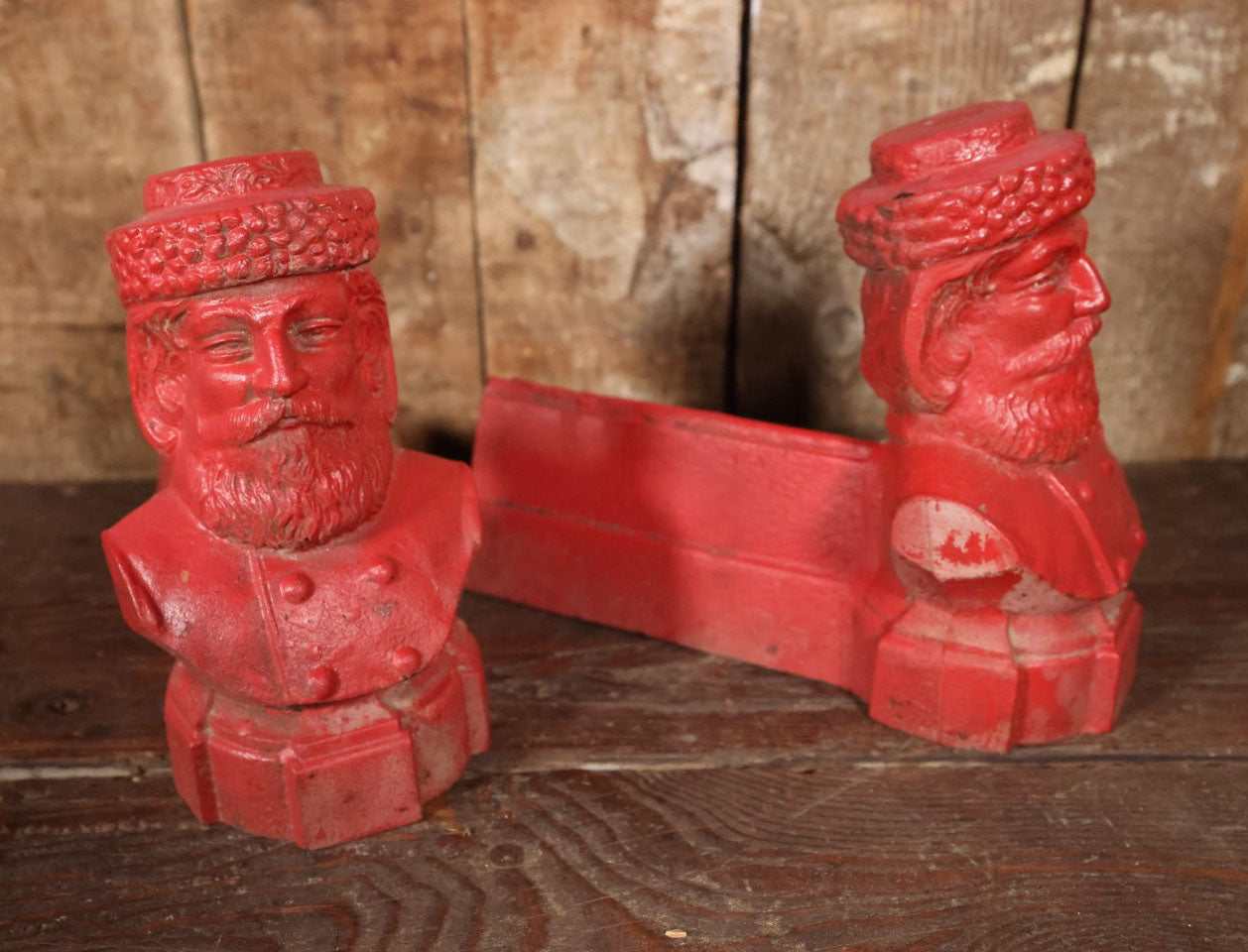 Antique Cast Iron Andirons With Man's Bust Wearing Hat With Beard, Santa-Like, Repainted In Red