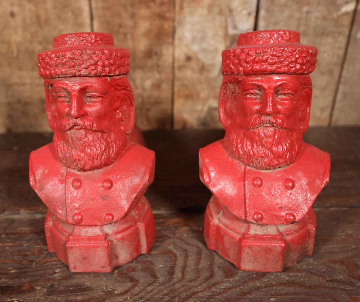 Antique Cast Iron Andirons With Man's Bust Wearing Hat With Beard, Santa-Like, Repainted In Red