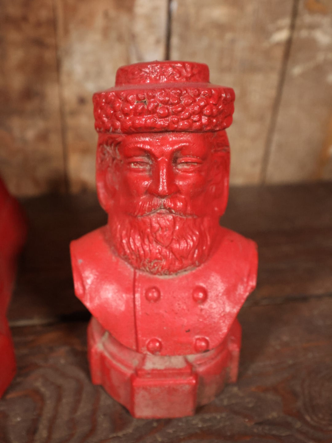 Antique Cast Iron Andirons With Man's Bust Wearing Hat With Beard, Santa-Like, Repainted In Red