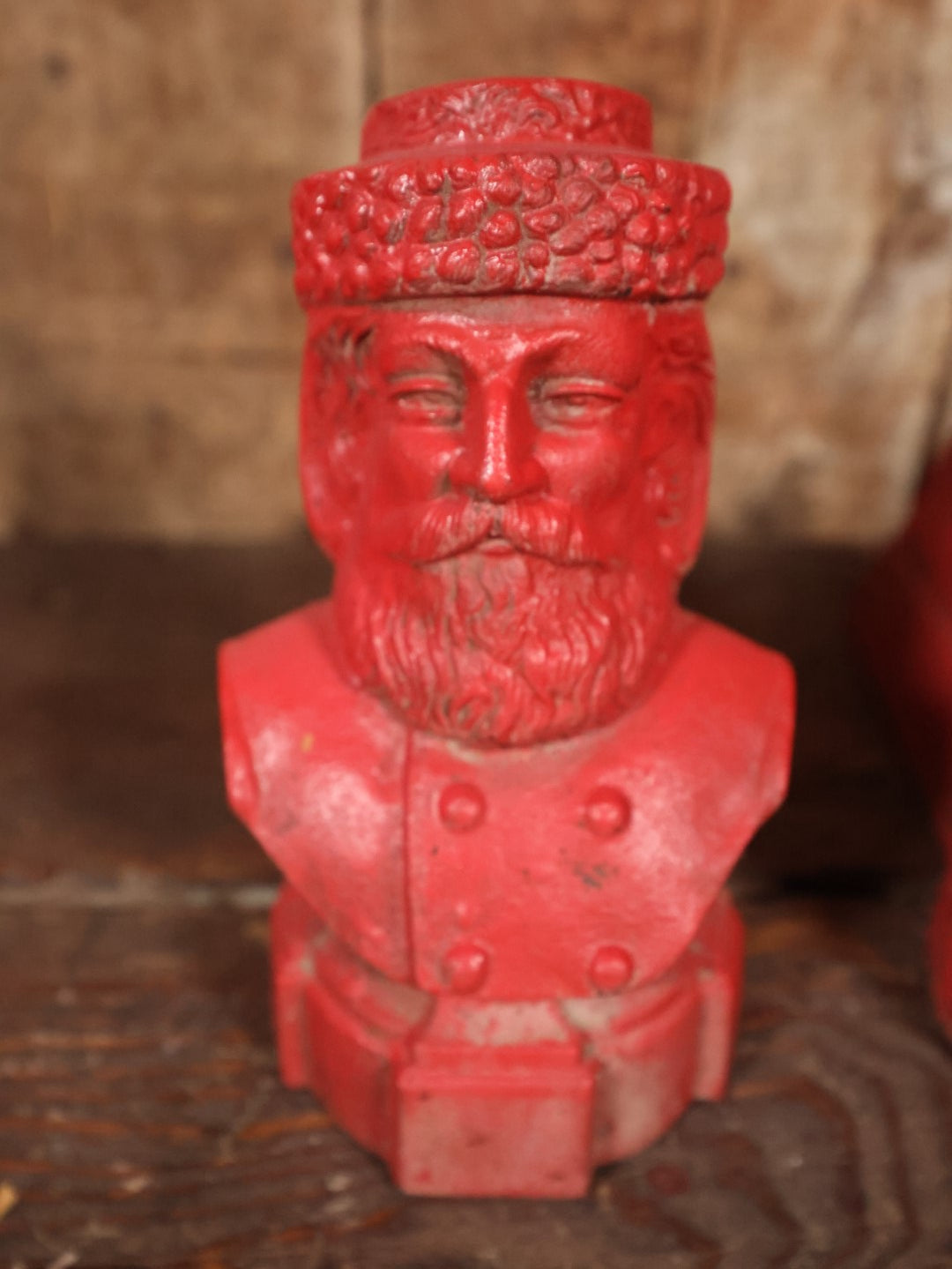 Antique Cast Iron Andirons With Man's Bust Wearing Hat With Beard, Santa-Like, Repainted In Red