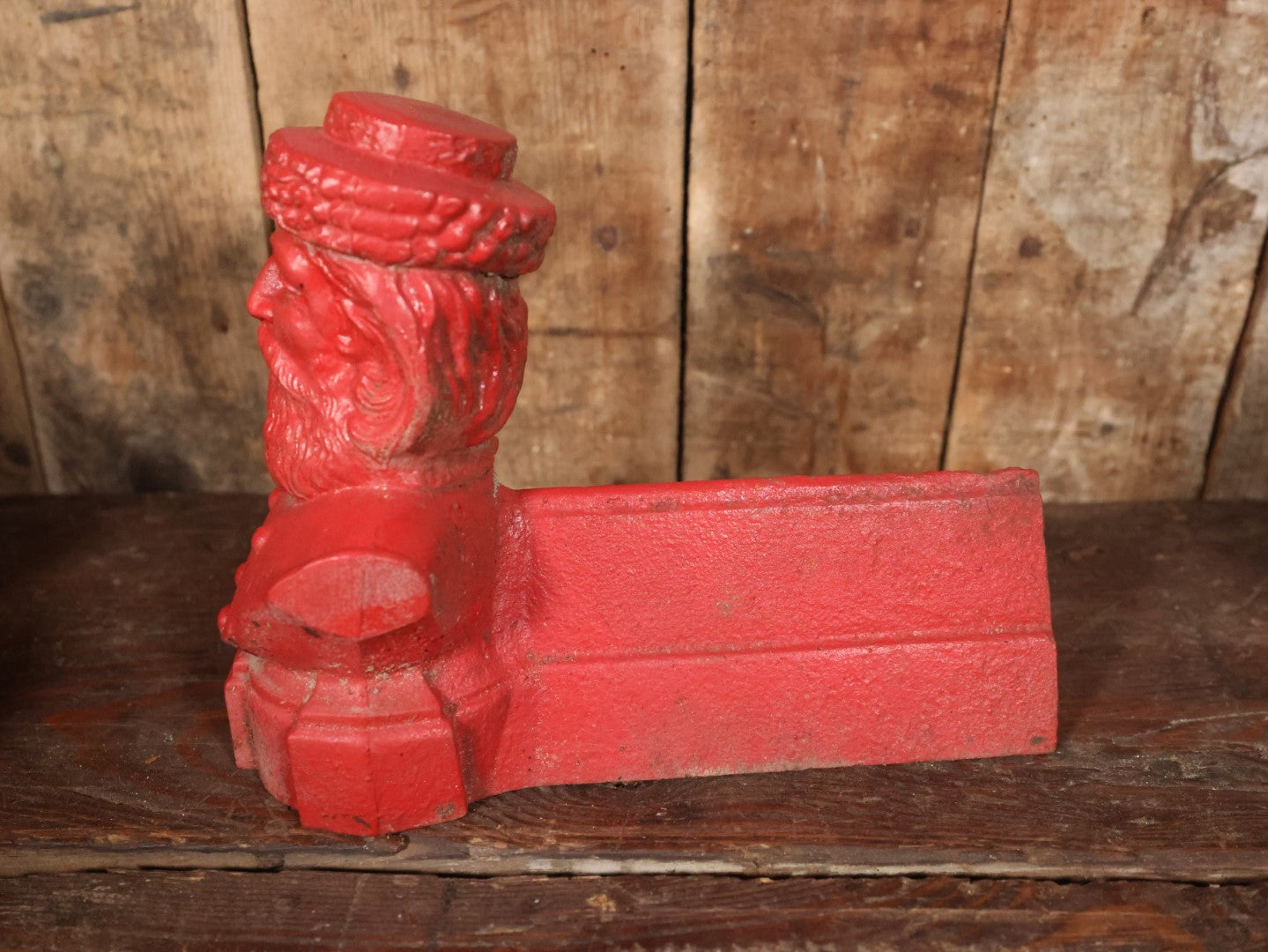 Antique Cast Iron Andirons With Man's Bust Wearing Hat With Beard, Santa-Like, Repainted In Red