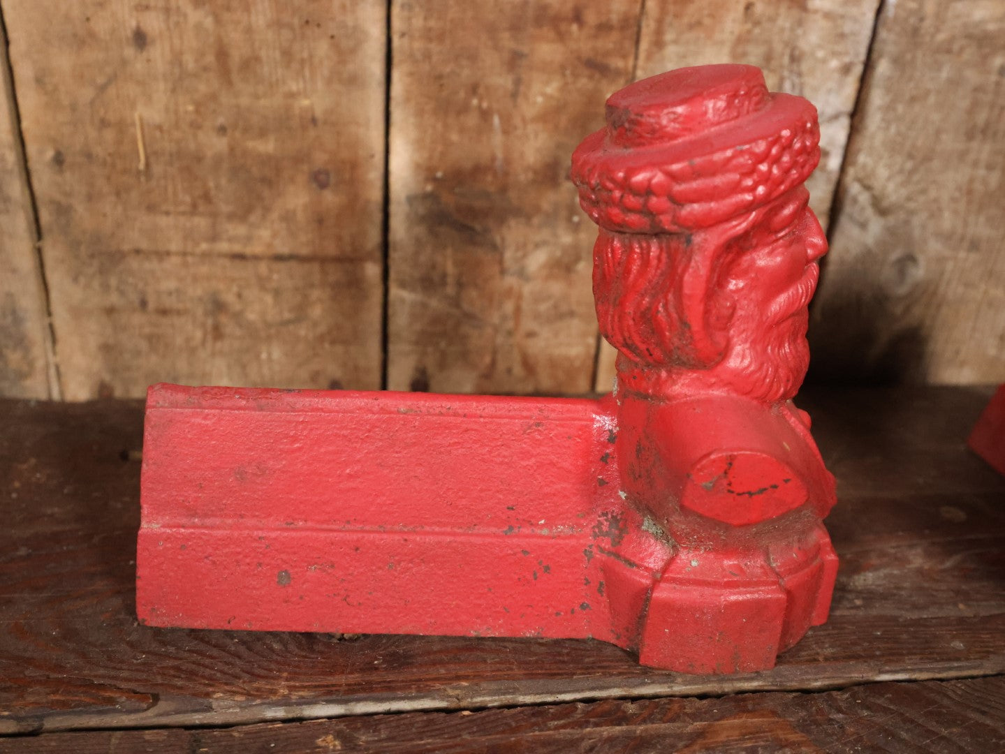 Antique Cast Iron Andirons With Man's Bust Wearing Hat With Beard, Santa-Like, Repainted In Red