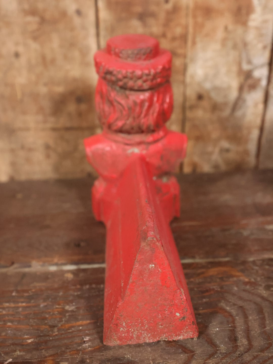 Antique Cast Iron Andirons With Man's Bust Wearing Hat With Beard, Santa-Like, Repainted In Red