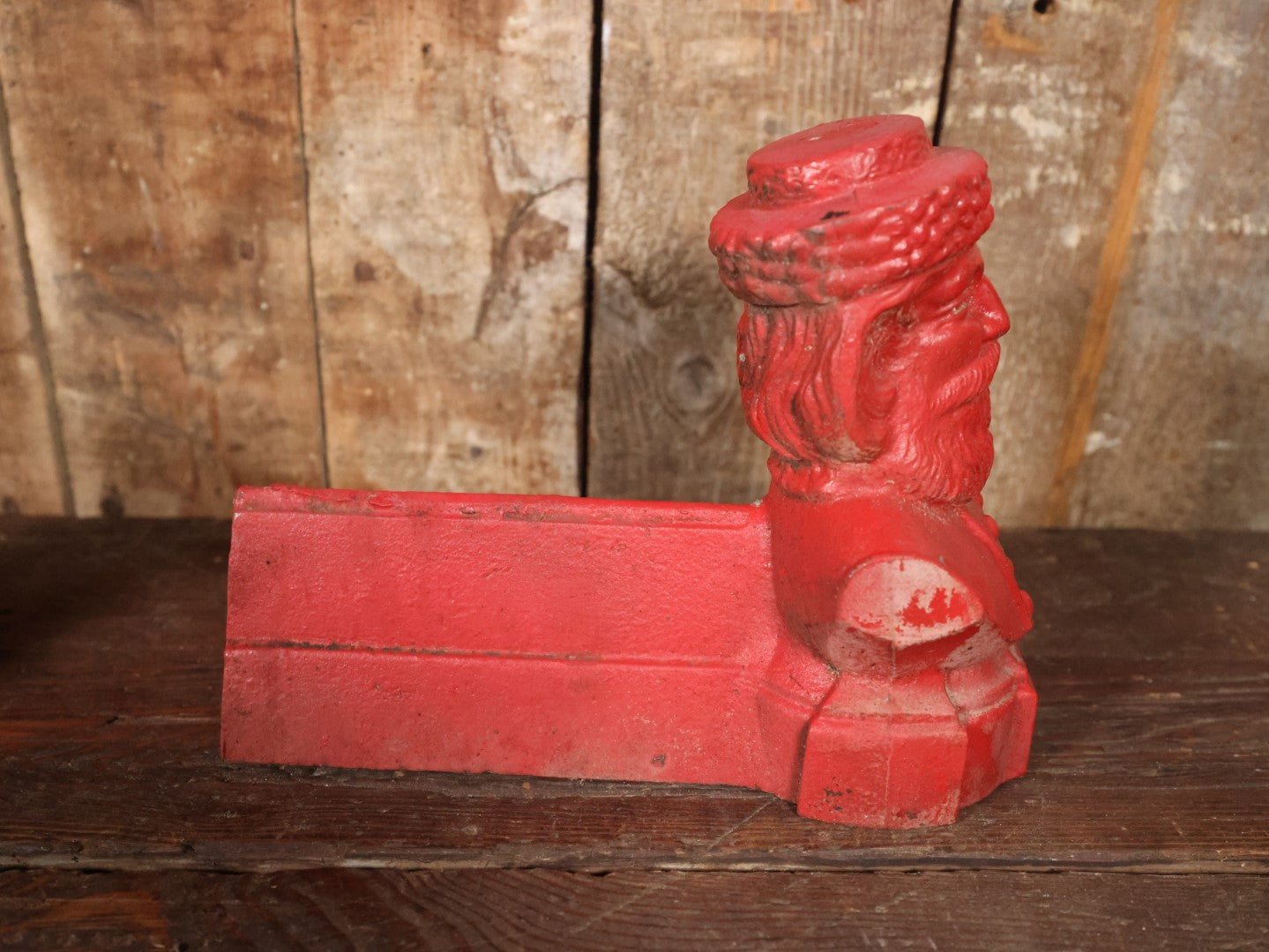 Antique Cast Iron Andirons With Man's Bust Wearing Hat With Beard, Santa-Like, Repainted In Red