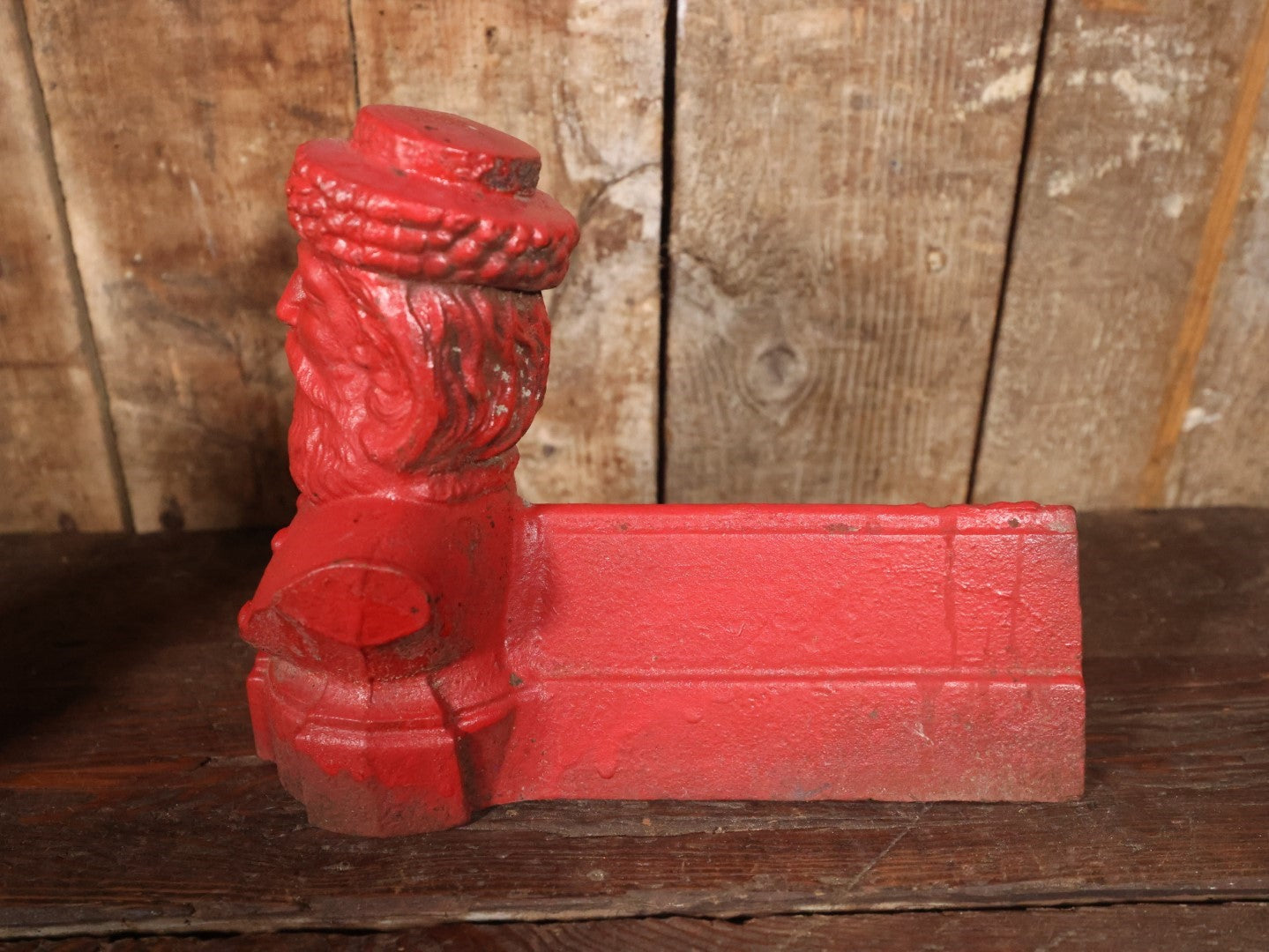 Antique Cast Iron Andirons With Man's Bust Wearing Hat With Beard, Santa-Like, Repainted In Red