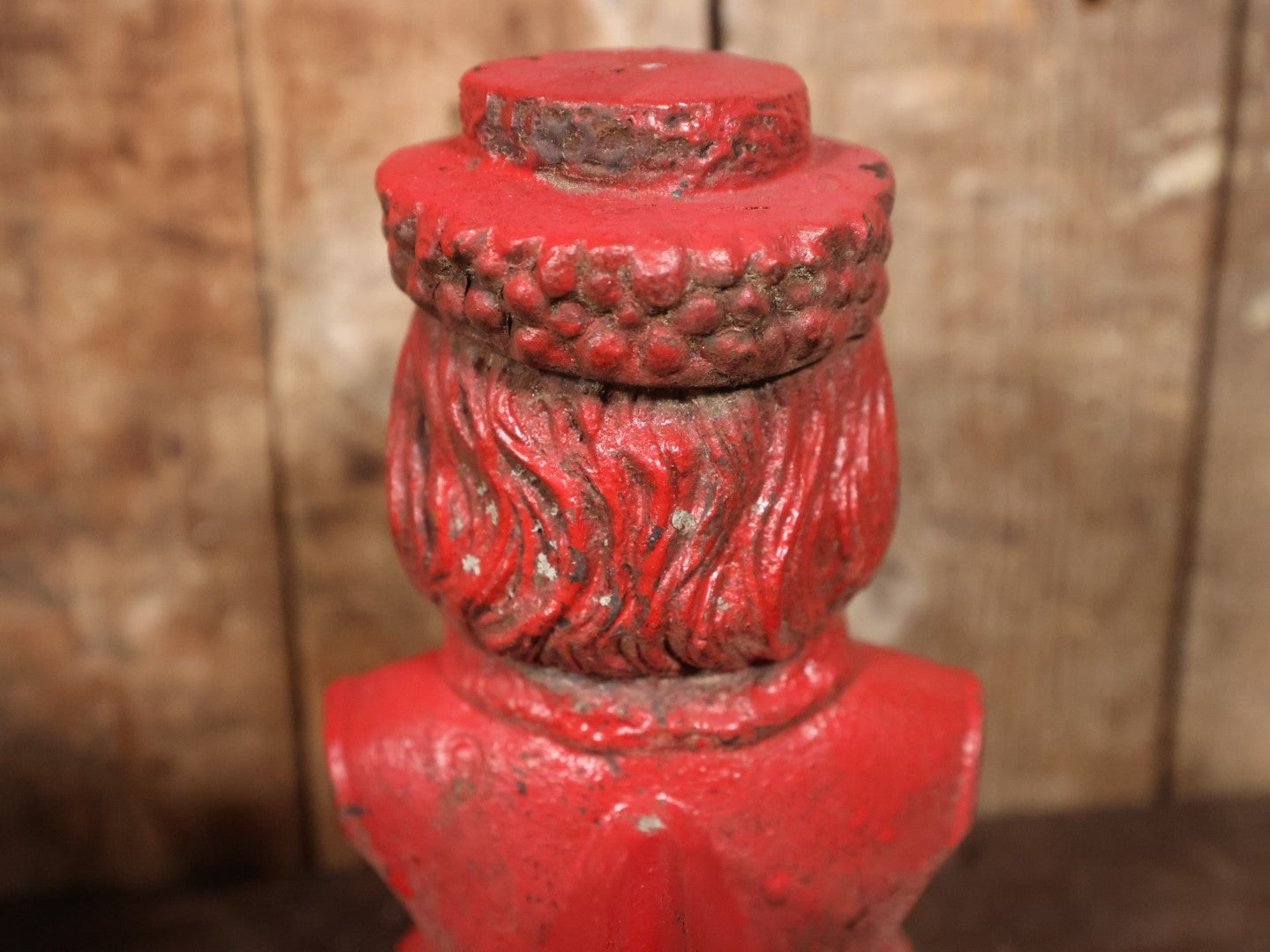 Antique Cast Iron Andirons With Man's Bust Wearing Hat With Beard, Santa-Like, Repainted In Red