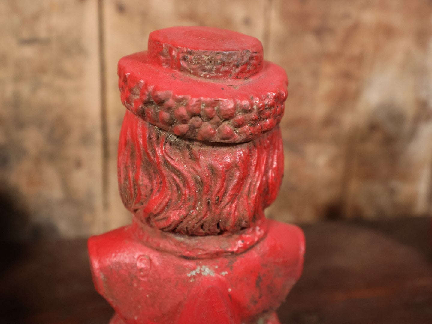 Antique Cast Iron Andirons With Man's Bust Wearing Hat With Beard, Santa-Like, Repainted In Red