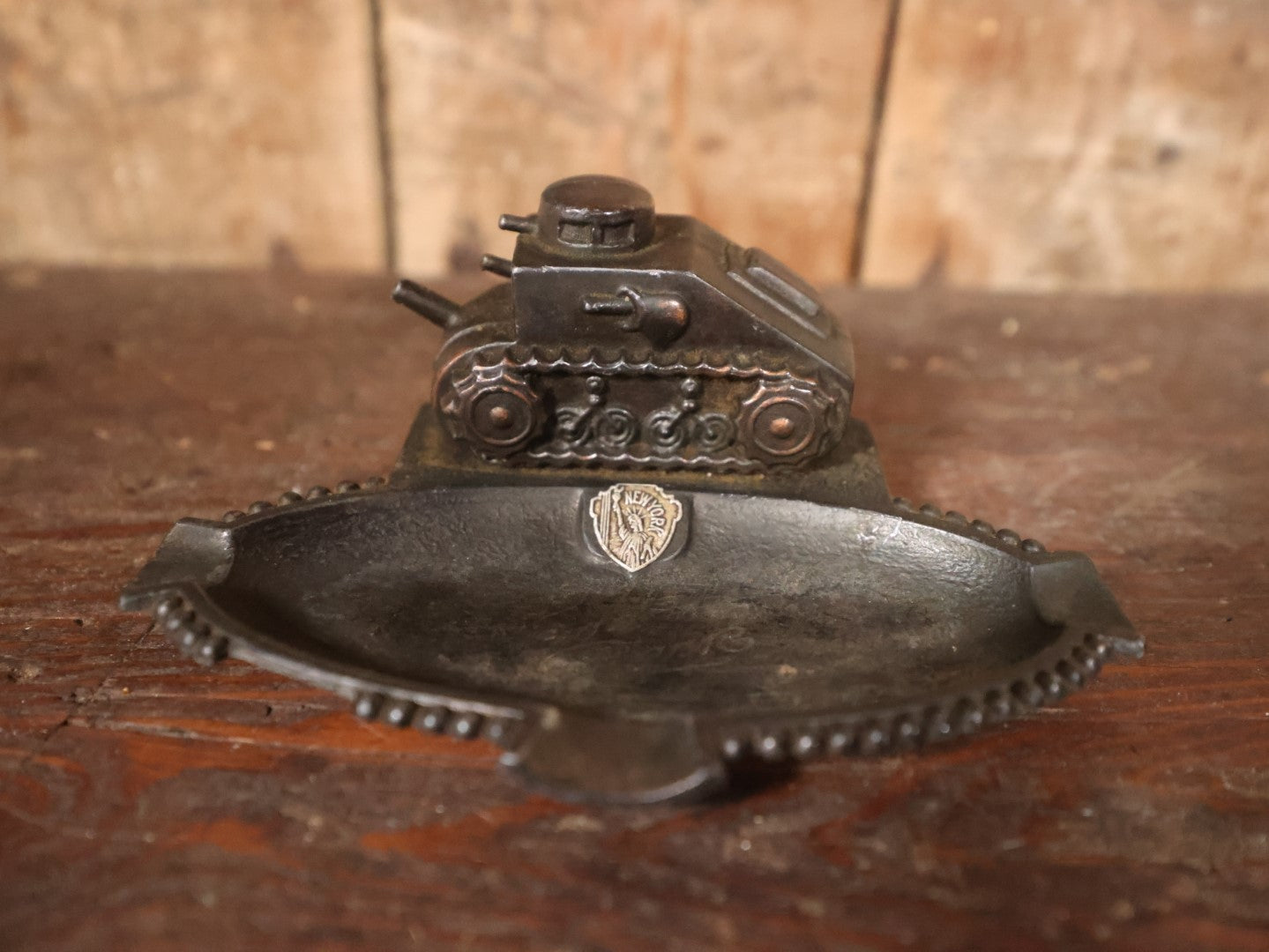 Antique Cast Metal World War One Era Ashtray With Tank, Souvenir Of New York City, Note Damage To Front Lip