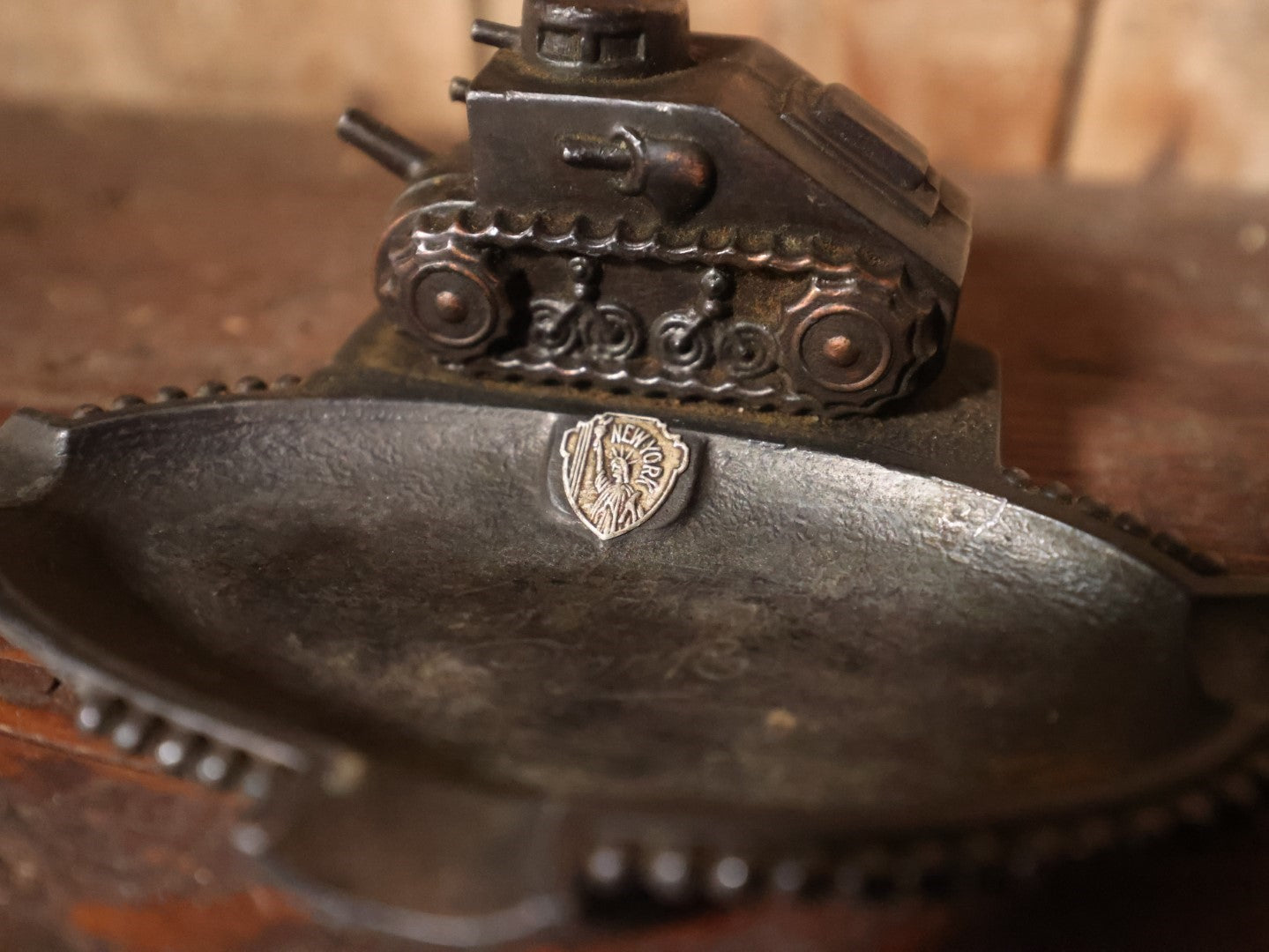 Antique Cast Metal World War One Era Ashtray With Tank, Souvenir Of New York City, Note Damage To Front Lip