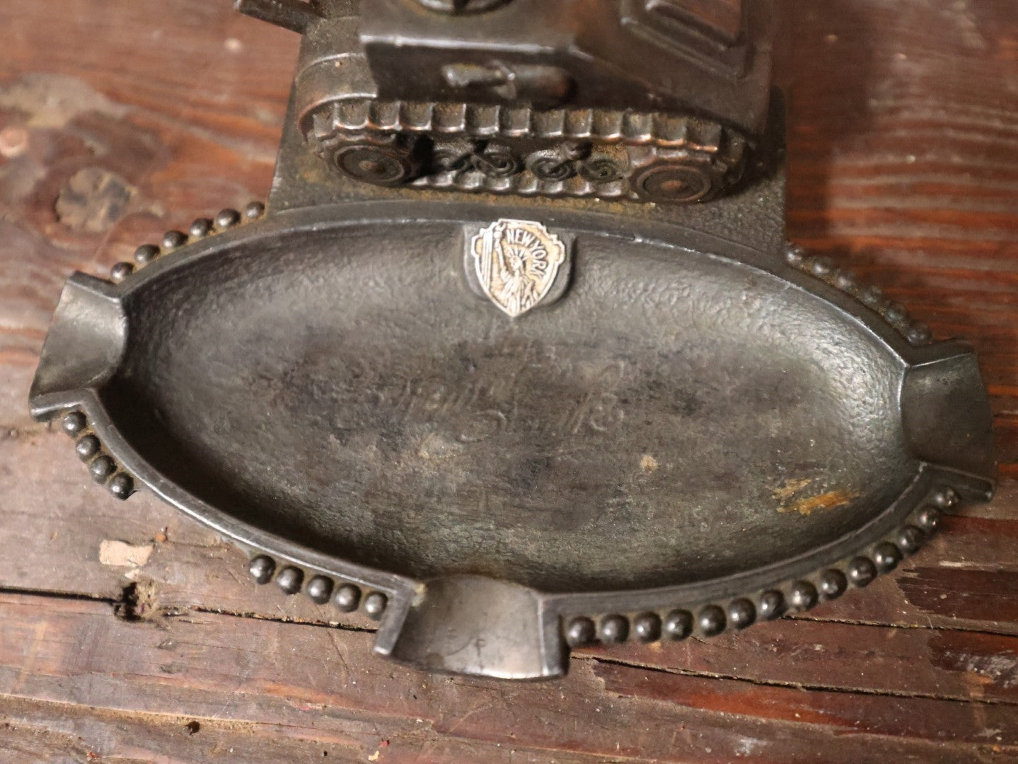 Antique Cast Metal World War One Era Ashtray With Tank, Souvenir Of New York City, Note Damage To Front Lip