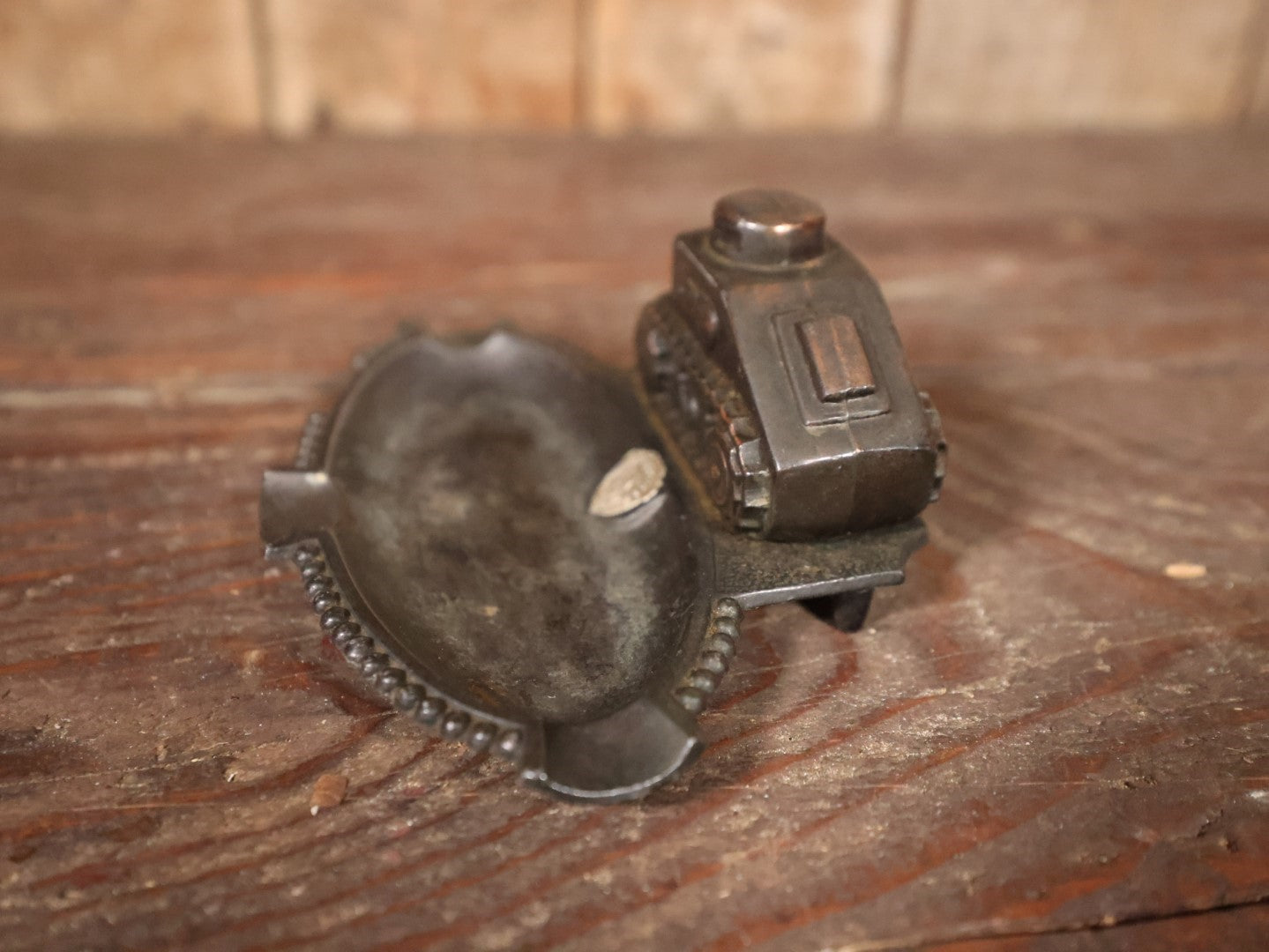 Antique Cast Metal World War One Era Ashtray With Tank, Souvenir Of New York City, Note Damage To Front Lip