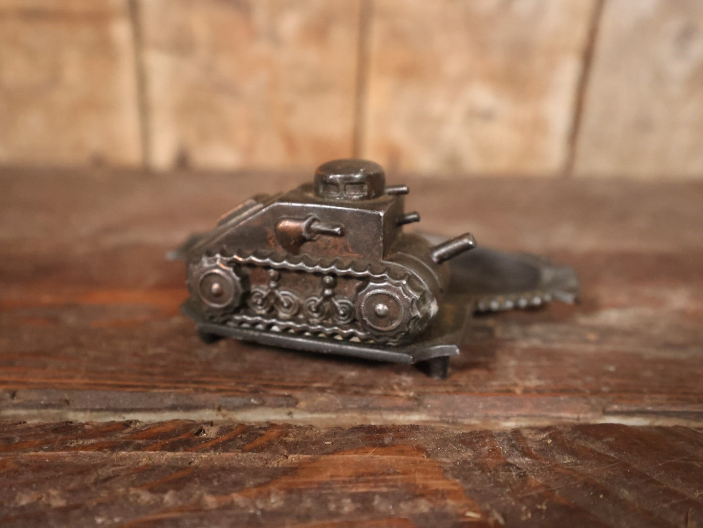 Antique Cast Metal World War One Era Ashtray With Tank, Souvenir Of New York City, Note Damage To Front Lip