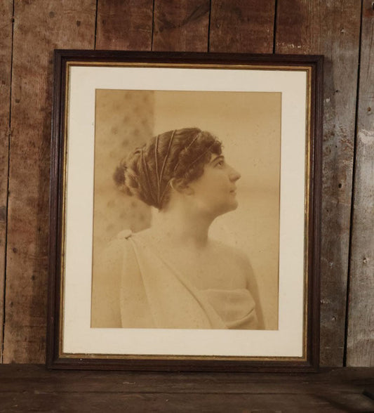 Antique Large Size Framed Photograph Of An Attractive Woman In White Gown, Toga, Similar In Style To Tobacco Cards