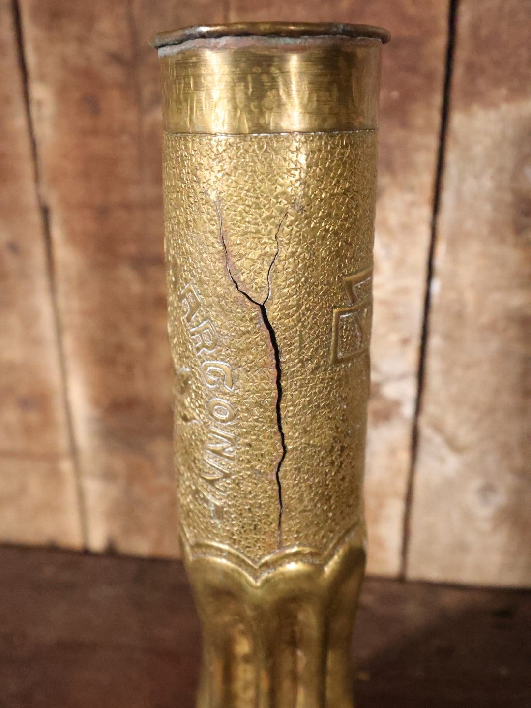 Antique World War One Era Trench Art, "Souvenir From Argonne Forest," With Y.M.C.A. Logo, Note Large Crack In Side