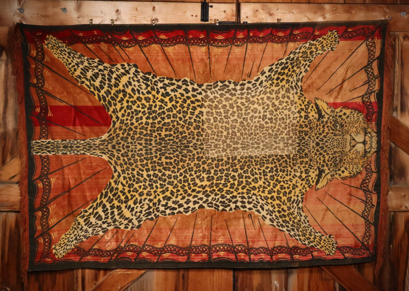 Large Antique Leopard Tapestry With Brass Hangers, Note Large Section Of Fading