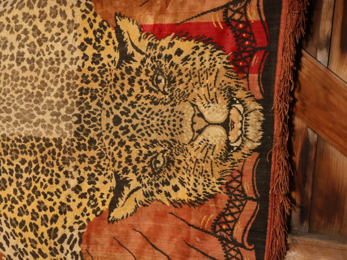 Large Antique Leopard Tapestry With Brass Hangers, Note Large Section Of Fading