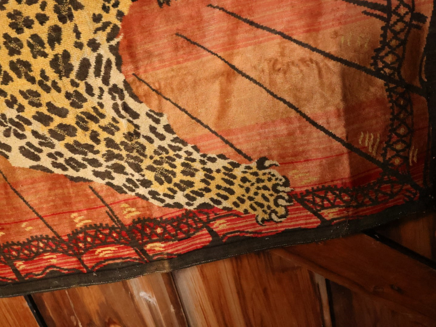 Large Antique Leopard Tapestry With Brass Hangers, Note Large Section Of Fading