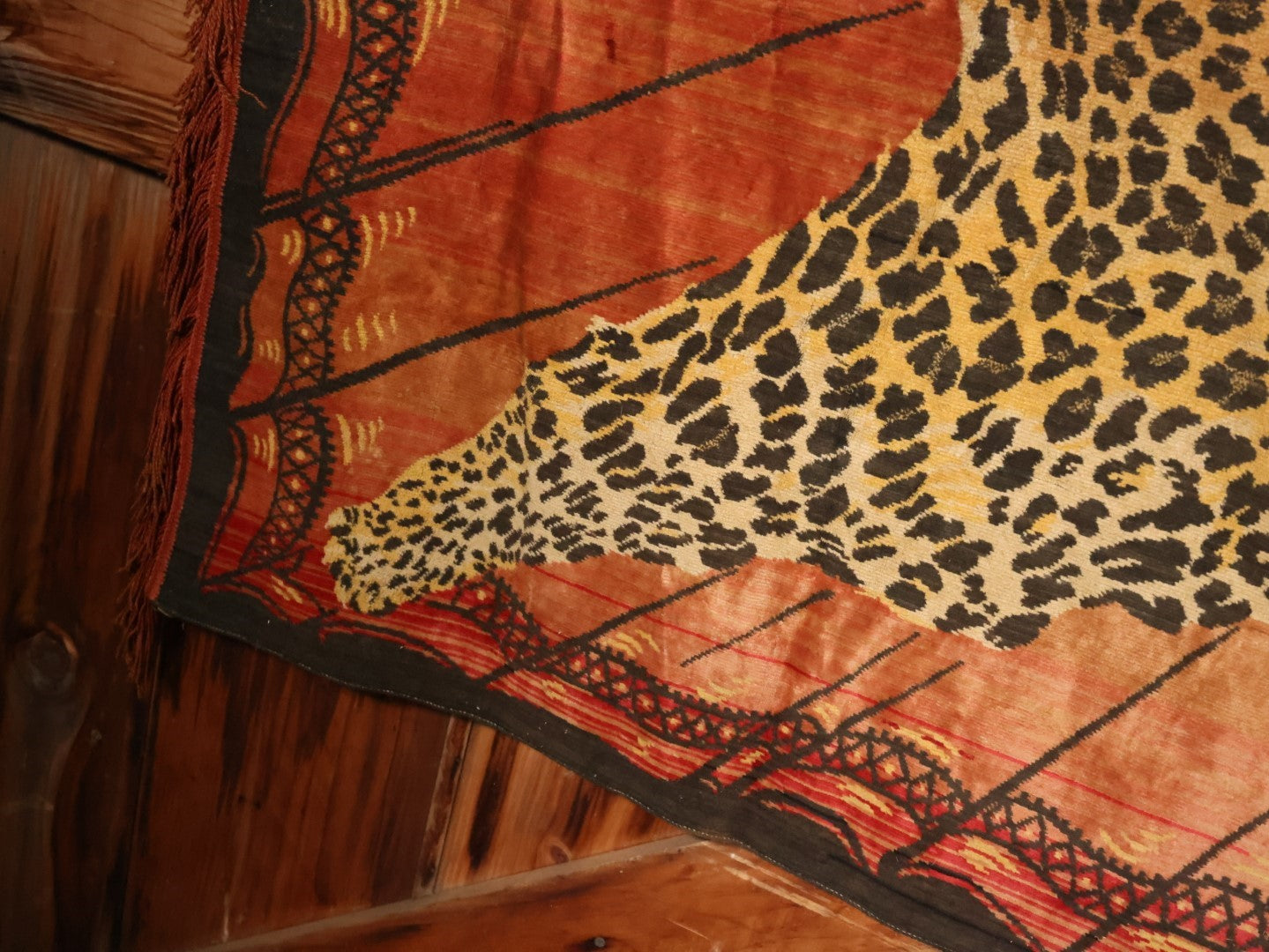 Large Antique Leopard Tapestry With Brass Hangers, Note Large Section Of Fading