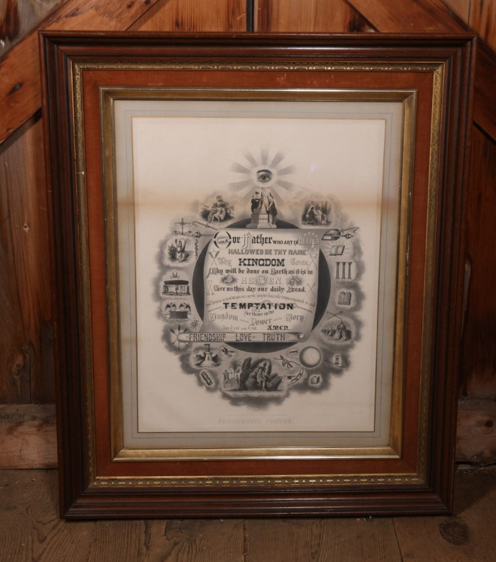 Antique Odd Fellows I.O.O.F. "Emblematic Prayer" Print, Lord'S Prayer, Large Print In Frame With Esoteric Symbols, Skull, Coffin, Etc, Copyright 1874 By T.C. Fielding