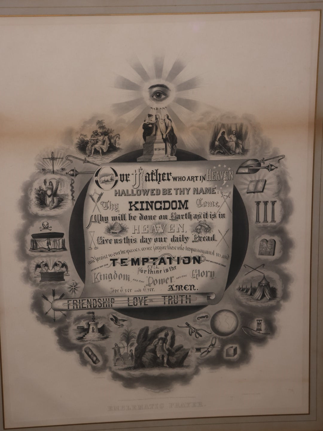 Antique Odd Fellows I.O.O.F. "Emblematic Prayer" Print, Lord'S Prayer, Large Print In Frame With Esoteric Symbols, Skull, Coffin, Etc, Copyright 1874 By T.C. Fielding