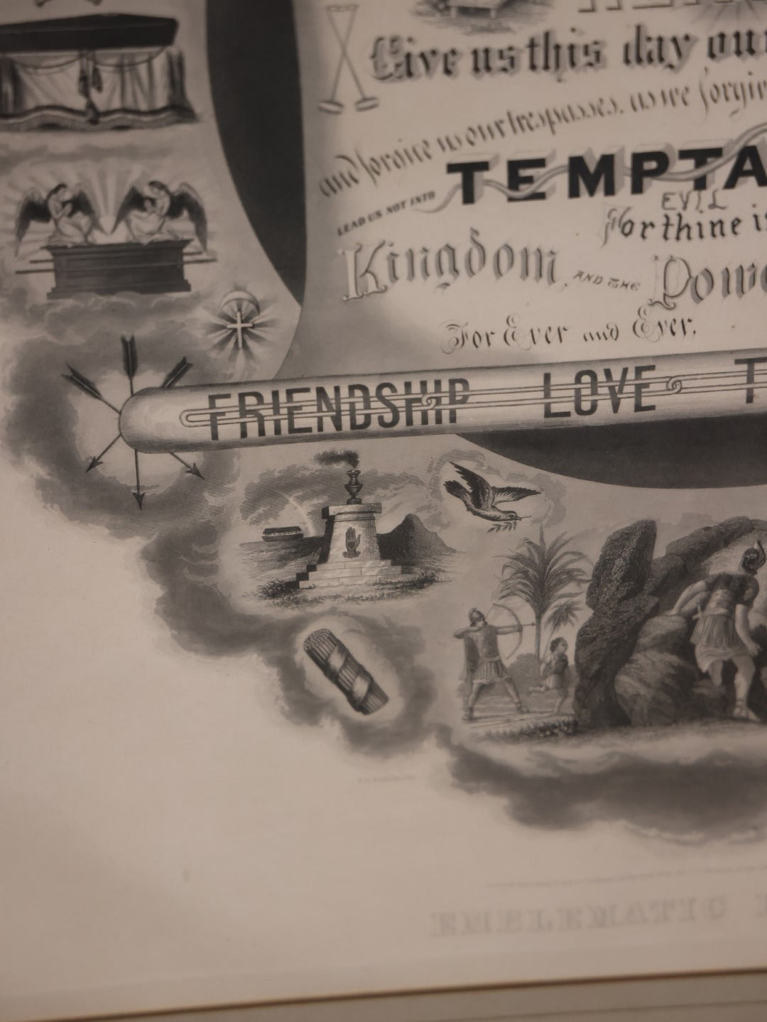 Antique Odd Fellows I.O.O.F. "Emblematic Prayer" Print, Lord'S Prayer, Large Print In Frame With Esoteric Symbols, Skull, Coffin, Etc, Copyright 1874 By T.C. Fielding