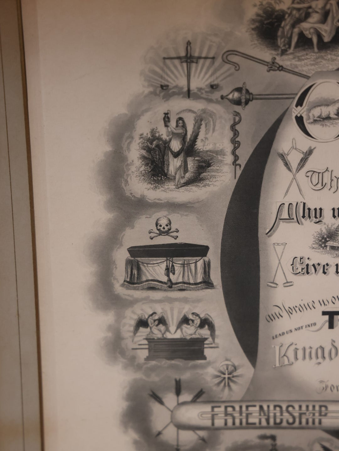 Antique Odd Fellows I.O.O.F. "Emblematic Prayer" Print, Lord'S Prayer, Large Print In Frame With Esoteric Symbols, Skull, Coffin, Etc, Copyright 1874 By T.C. Fielding