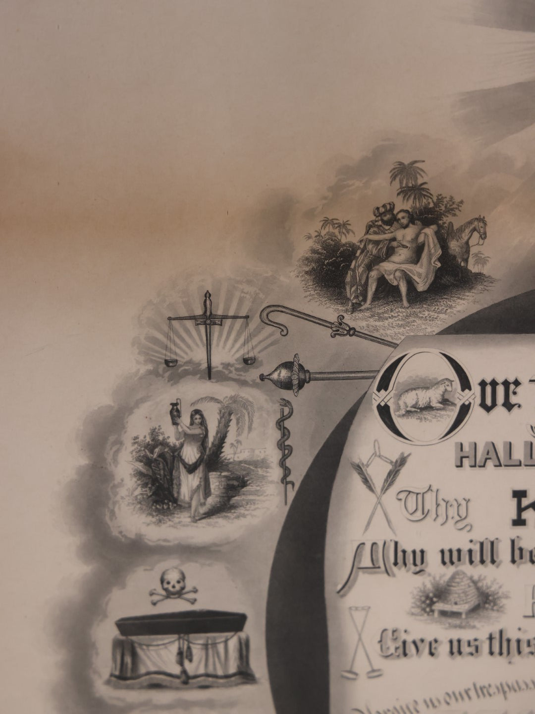 Antique Odd Fellows I.O.O.F. "Emblematic Prayer" Print, Lord'S Prayer, Large Print In Frame With Esoteric Symbols, Skull, Coffin, Etc, Copyright 1874 By T.C. Fielding