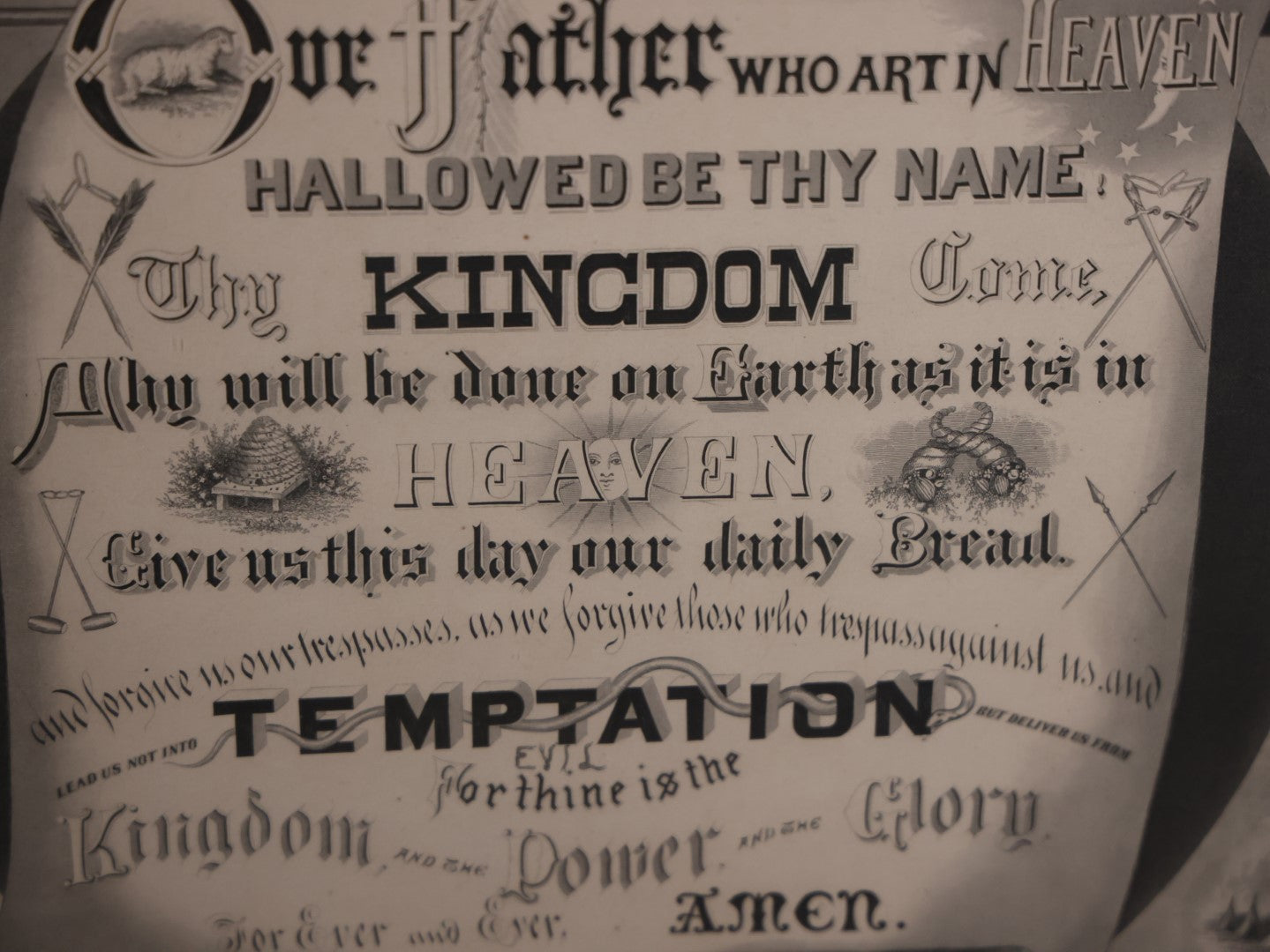 Antique Odd Fellows I.O.O.F. "Emblematic Prayer" Print, Lord'S Prayer, Large Print In Frame With Esoteric Symbols, Skull, Coffin, Etc, Copyright 1874 By T.C. Fielding