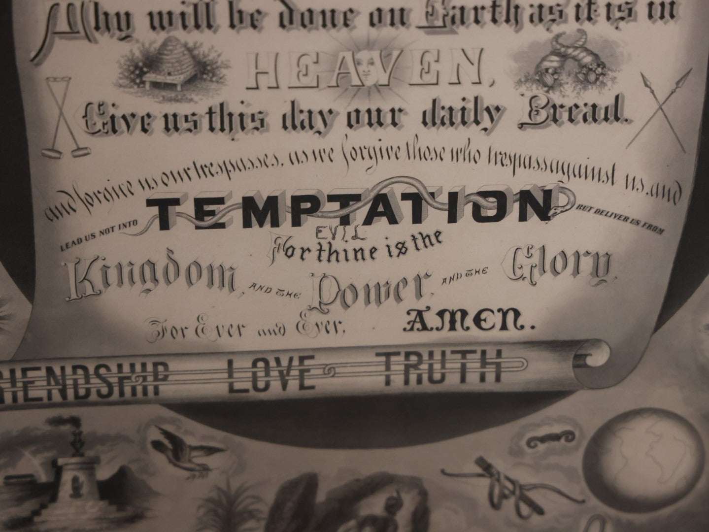 Antique Odd Fellows I.O.O.F. "Emblematic Prayer" Print, Lord'S Prayer, Large Print In Frame With Esoteric Symbols, Skull, Coffin, Etc, Copyright 1874 By T.C. Fielding