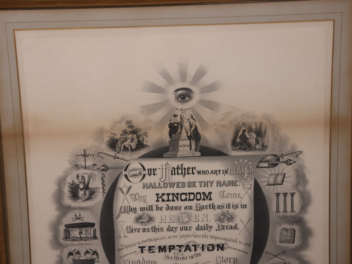 Antique Odd Fellows I.O.O.F. "Emblematic Prayer" Print, Lord'S Prayer, Large Print In Frame With Esoteric Symbols, Skull, Coffin, Etc, Copyright 1874 By T.C. Fielding